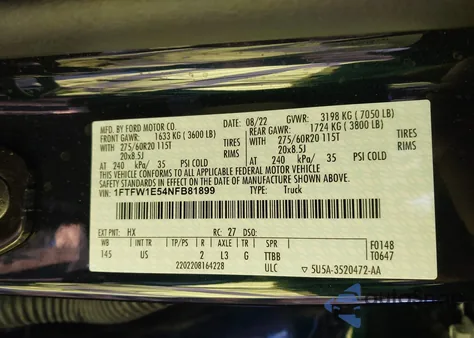 2022 Ford F-150 Xlt из США, поврежденный, VIN 1FTFW1E54NFB81899